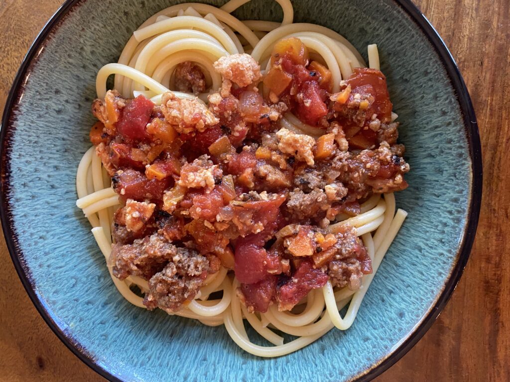 I couldn’t find pappardelle so I substituted bucatini.