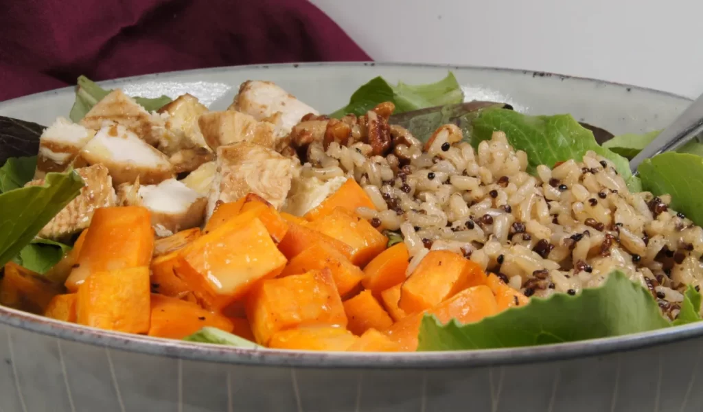 Easy Sheet Pan Chicken & Sweet Potato Fall Salad Bowl