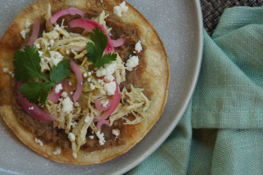 Crockpot Salsa Verde Chicken Tostadas
