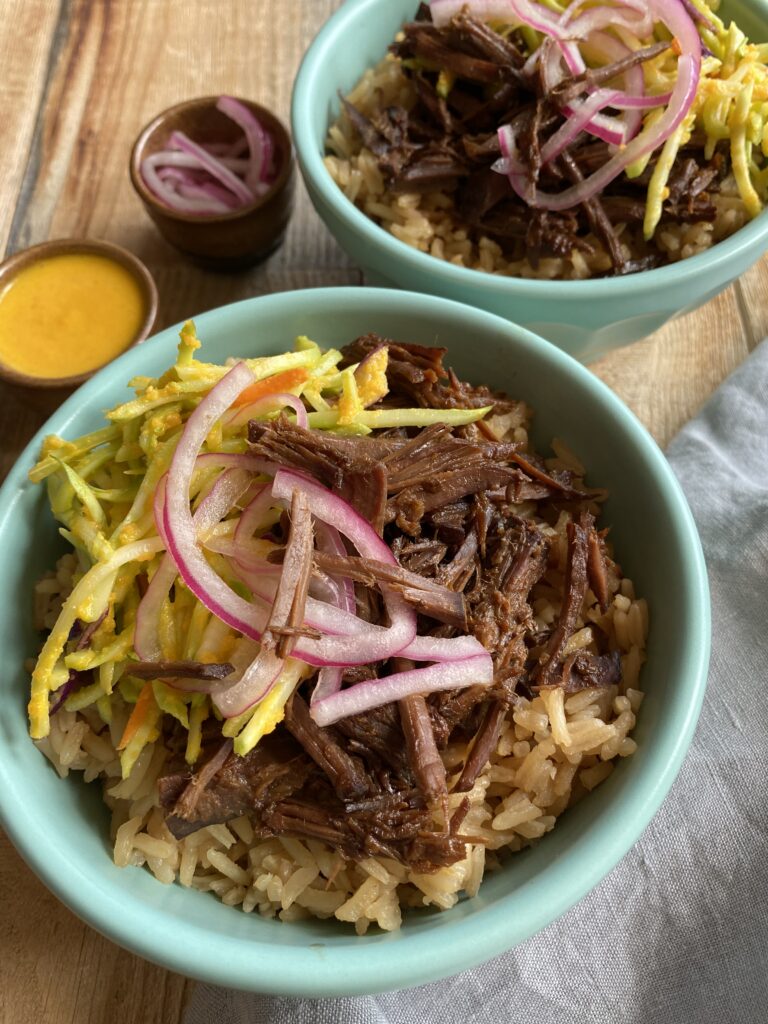 Crockpot Beef Bowls with a Cilantro Broccoli Slaw