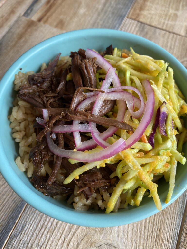 Crockpot Beef Bowls with a Carrot Ginger Slaw