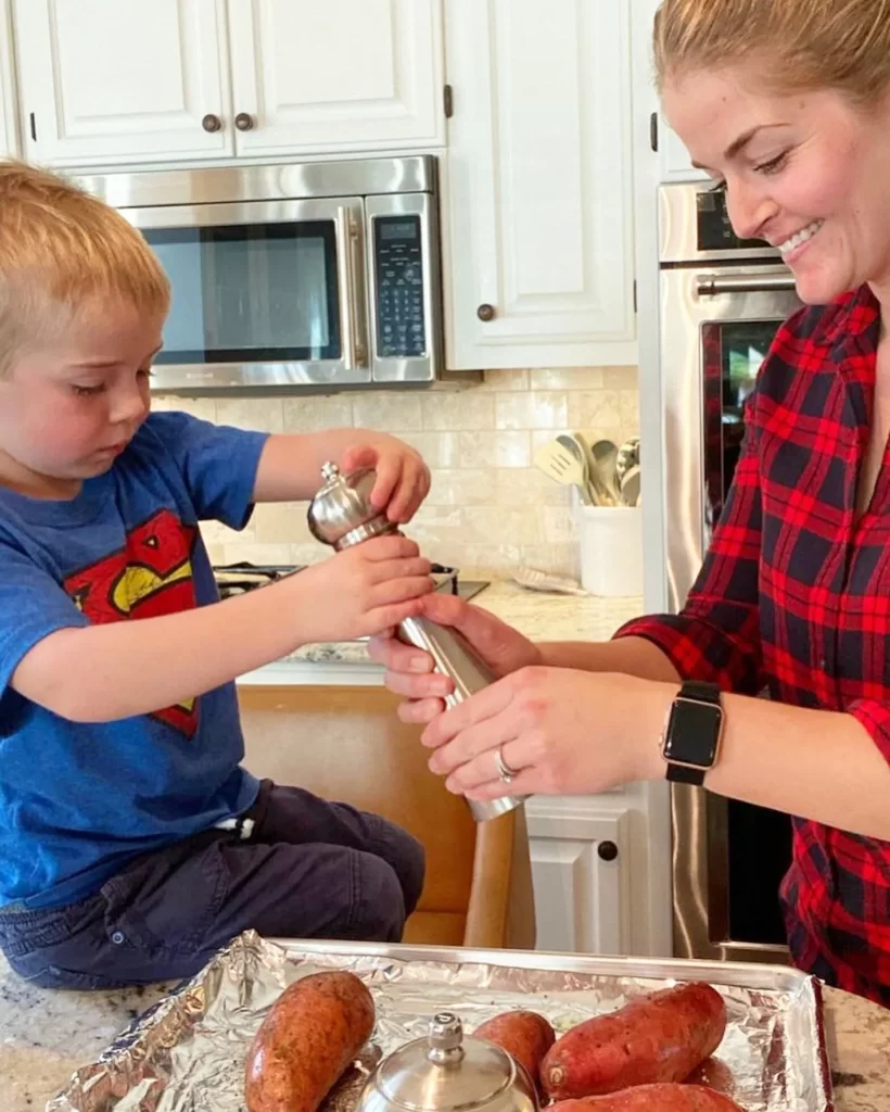 Getting to work on prepping those sweet potatoes.