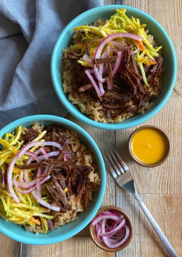 Crockpot Beef Bowls with Carrot Ginger Slaw