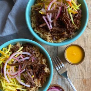 Crockpot Beef Bowls with Carrot Ginger Slaw