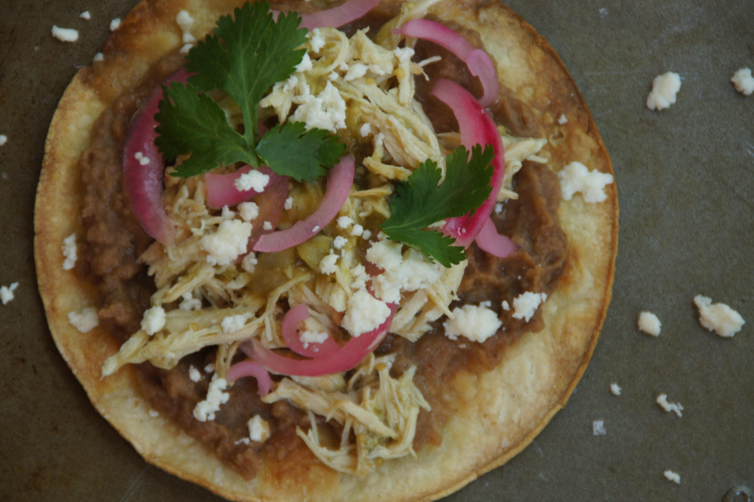 Crockpot Salsa Verde Chicken Tostadas